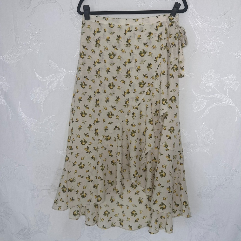 Max Studio Size-L Women's Midi Skirt Cream Lemon Print‎ Faux Wrap Hi Low Hem